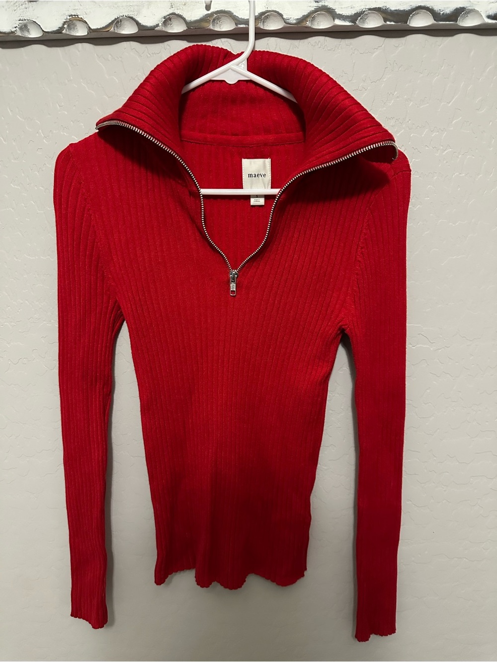 Maeve Red Ribbed Half-Zip Funnel Neck Sweater